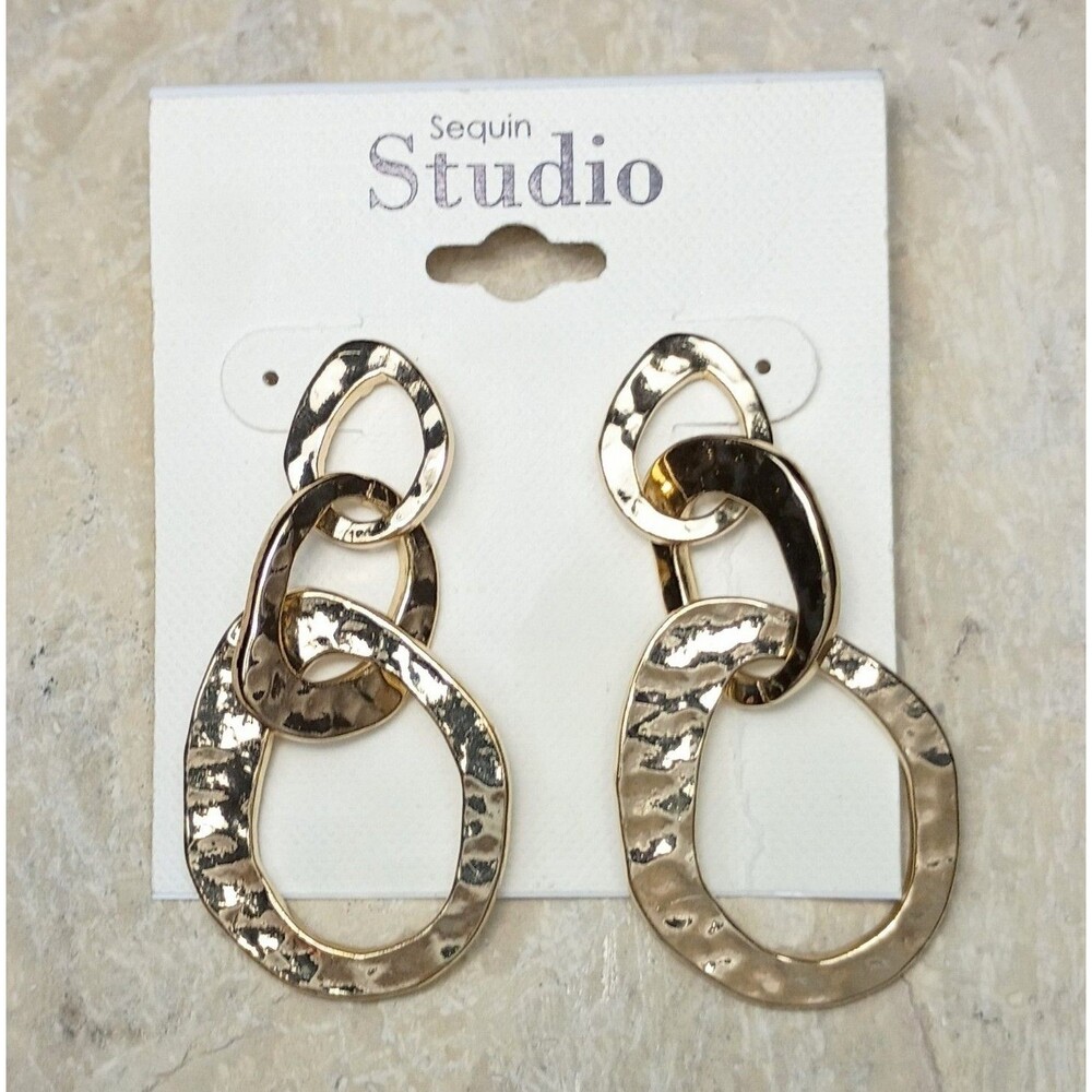 Sequin Studio Hammered Gold tone Link Hoop Dangle post Earrings NEW